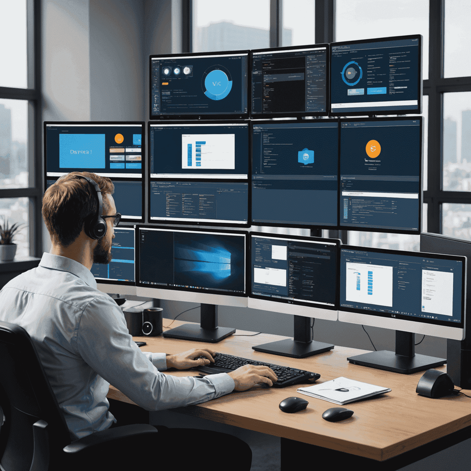 A professional workspace with multiple monitors displaying various remote desktop interfaces. The image showcases different protocols in action, including RDP, VNC, and Parsec, highlighting the versatility of remote desktop solutions.