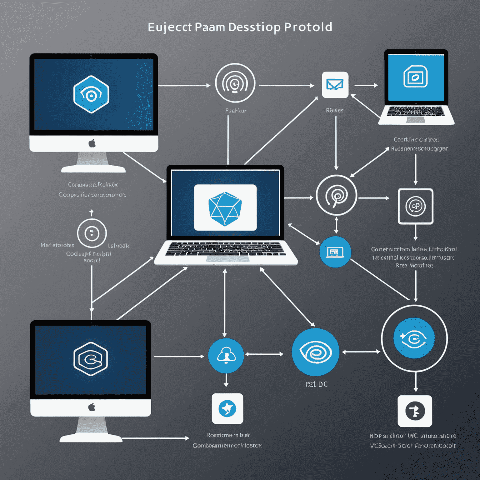 Diagram showing different remote desktop protocols like RDP, VNC, NX, and ICA with connecting lines to a central computer icon