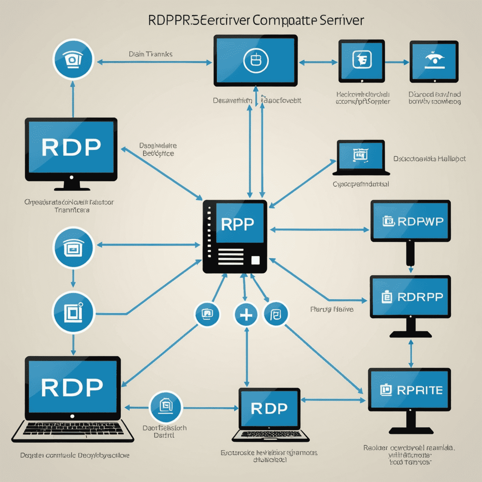 Diagram showing RDP connection between a local computer and a remote server, with icons representing encrypted data transfer and user interface mirroring