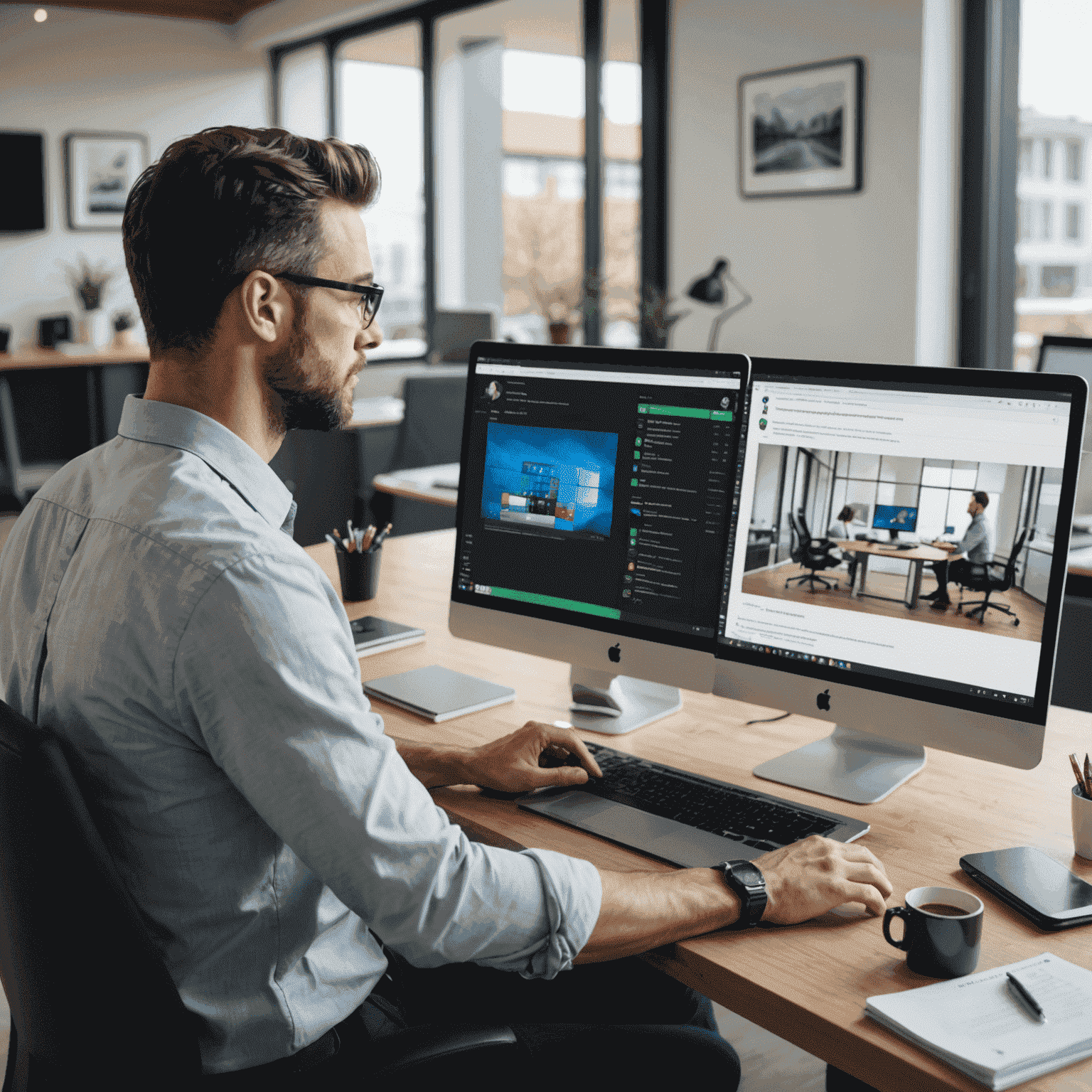 A split-screen image showing a professional using a remote desktop solution on a laptop in a home office on one side, and a busy corporate office environment on the other, symbolizing the bridge between remote and on-site work