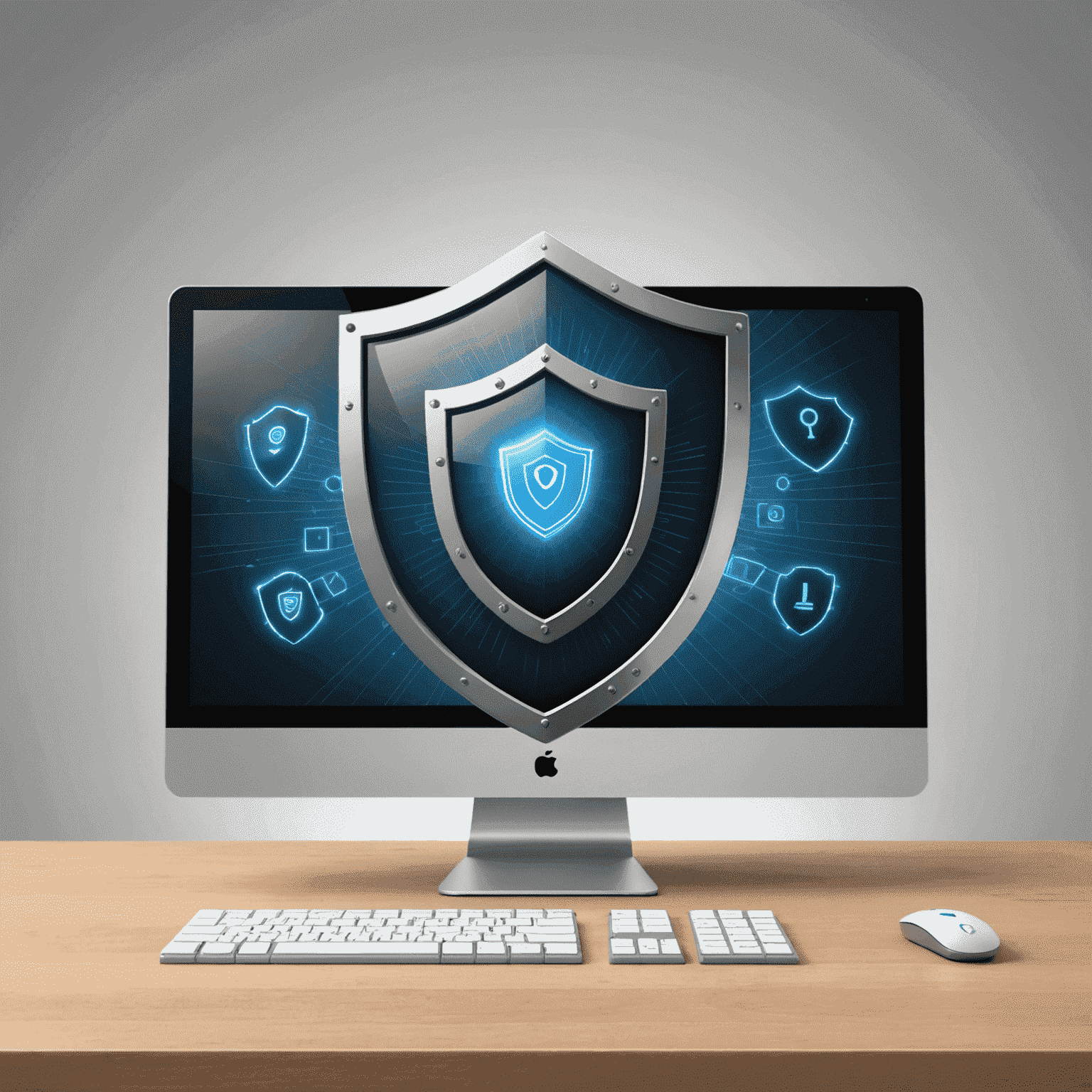 Illustration of a shield protecting a computer screen, symbolizing secure remote desktop connection with lock icons and encryption symbols