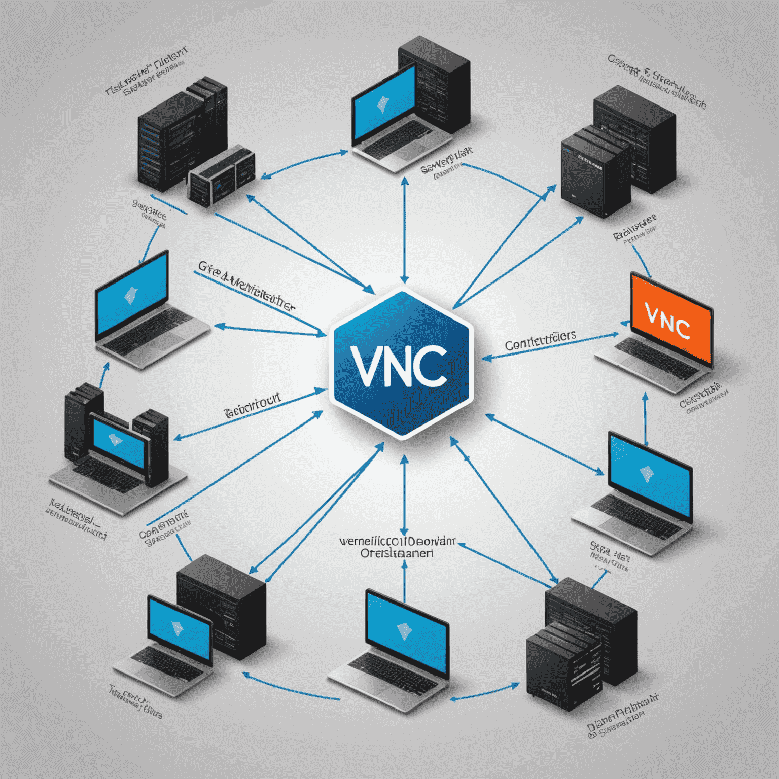 Illustration of VNC architecture showing multiple clients connecting to a VNC server, with cross-platform compatibility highlighted