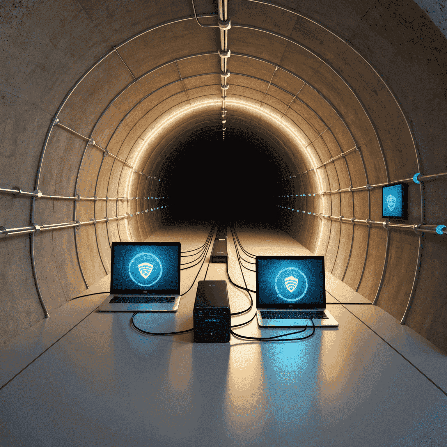 Diagram showing a VPN tunnel connecting a remote computer to a corporate network, with encrypted data packets flowing through it