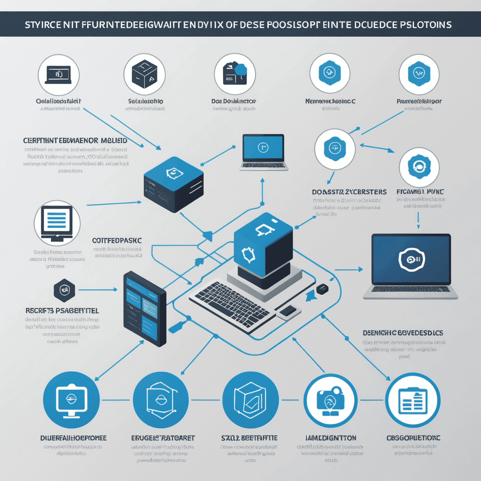 An infographic comparing the key features of different remote desktop solutions, including RDP, VNC, NX, ICA, and Parsec, with icons representing scalability, management, and cost considerations