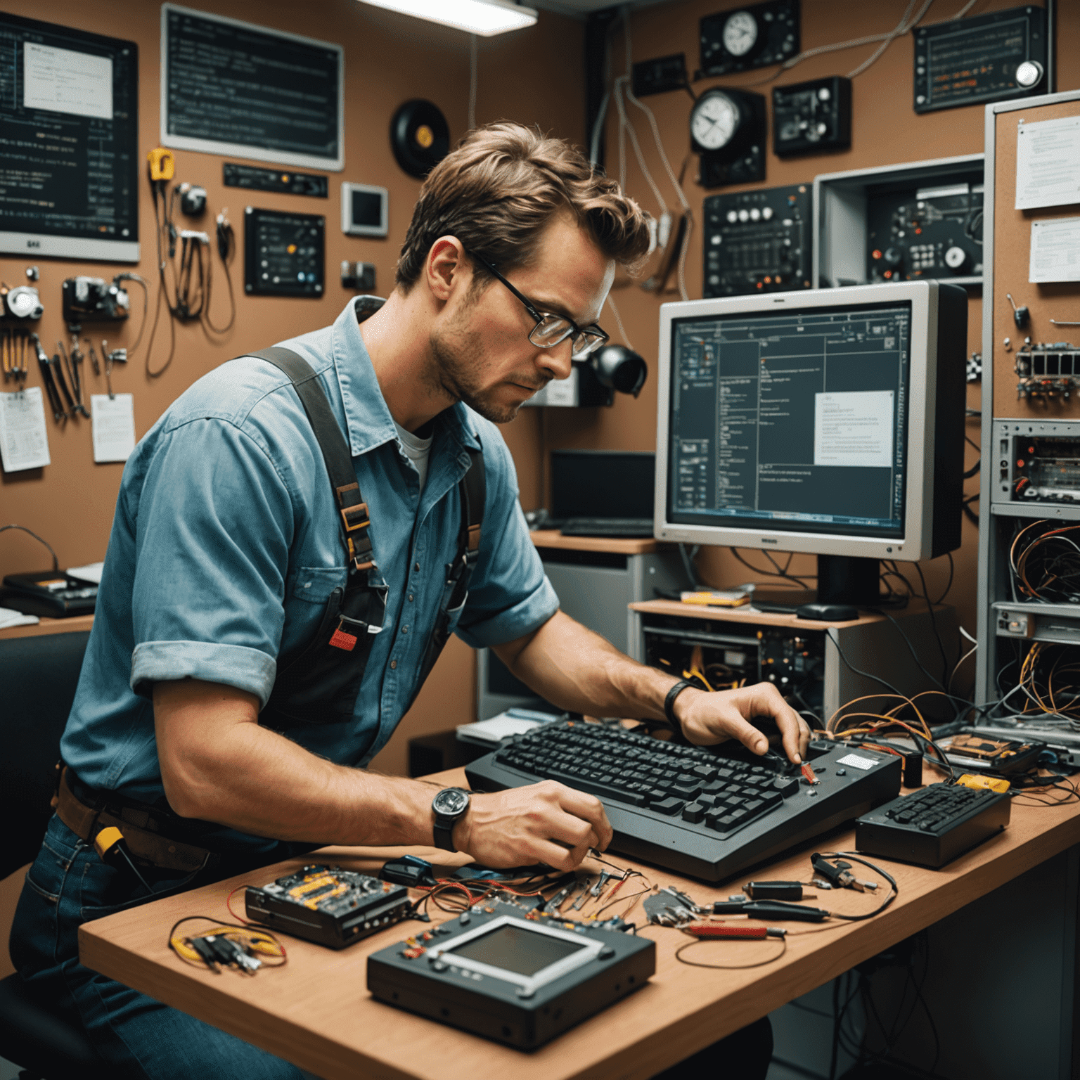 Image of a person fixing a computer with tools, surrounded by error messages and warning signs